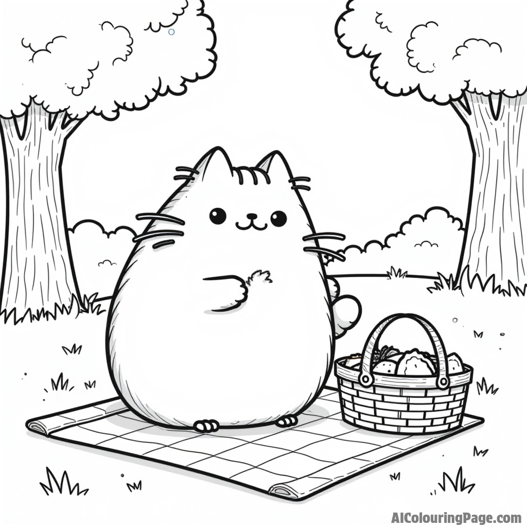 Pusheen having a picnic in a park with a picnic basket, sandwiches, and a blanket spread out on the grass