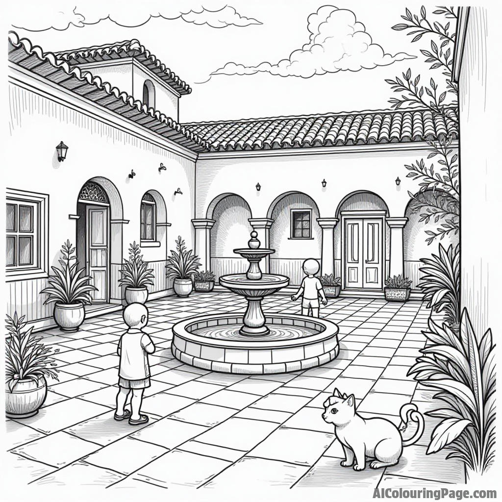 A charming courtyard with a fountain, colorful tiles, and children playing games while a cat watches from a distance