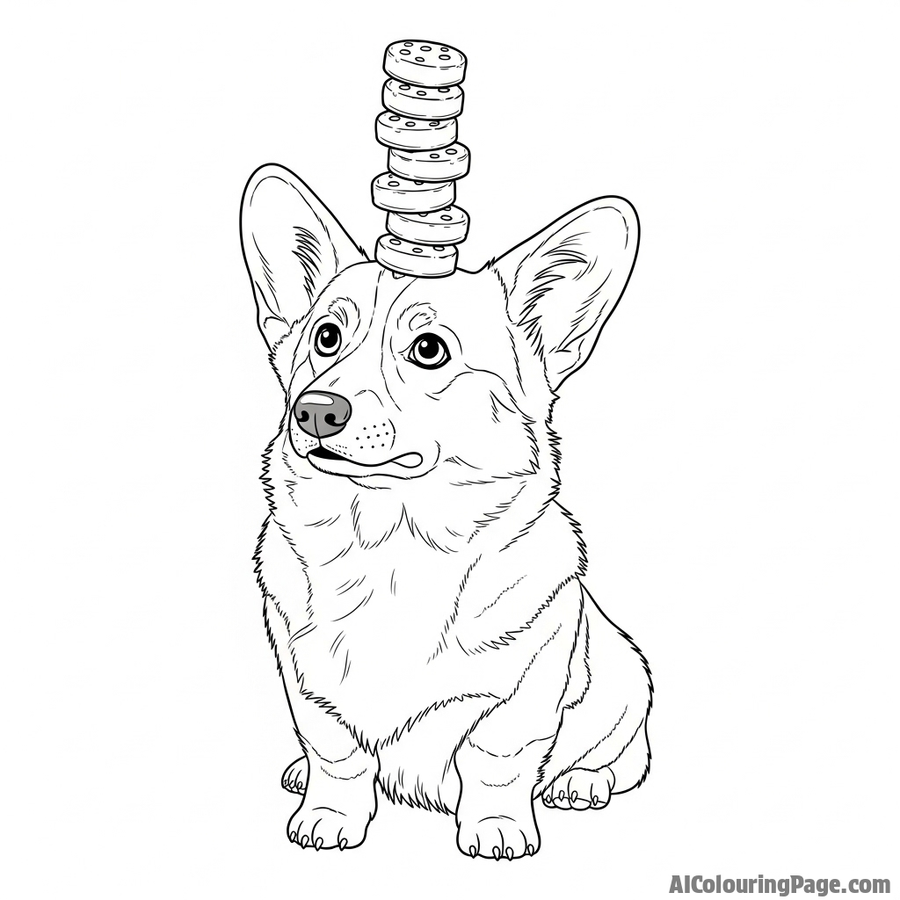 A corgi balancing a stack of treats on its head with intense concentration.