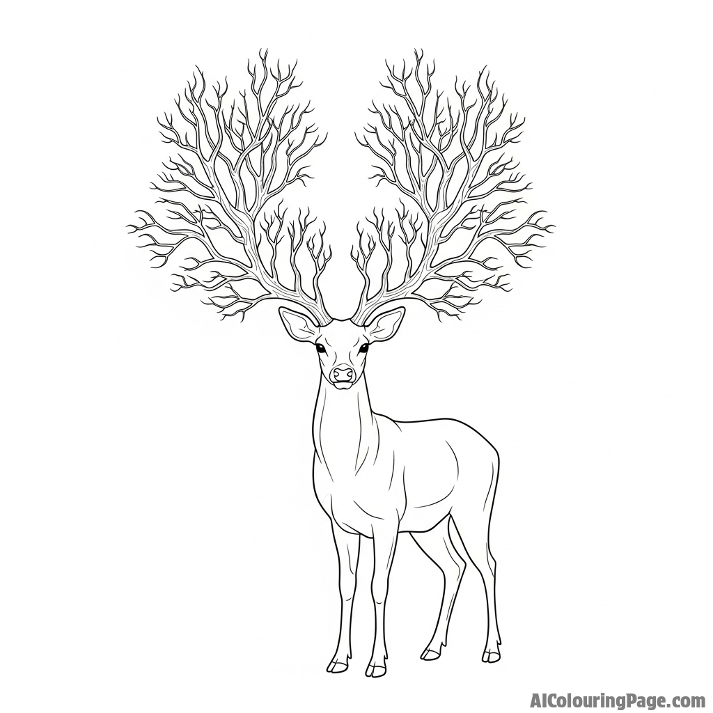 A surreal image of a deer with antlers that grow into bare tree branches.