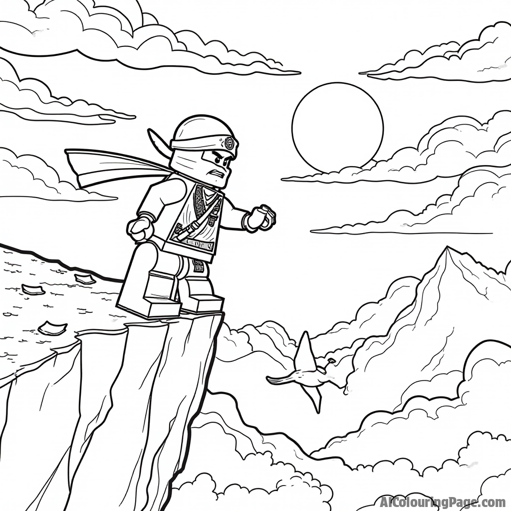 A Lego Ninjago scene depicting a ninja scaling a cliff at sunset, with vibrant clouds and birds flying, designed to inspire awe and creativity for kids to color and explore.