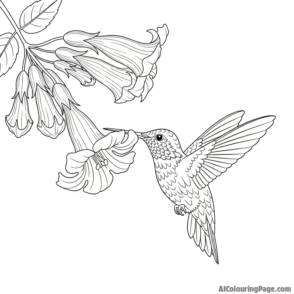 A hummingbird feeding from a trumpet vine flower.