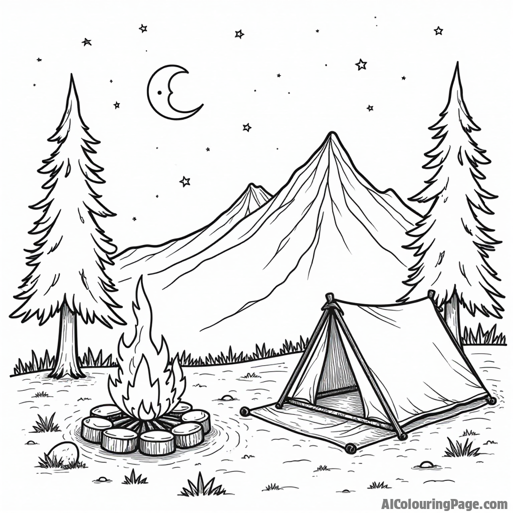 A cozy campsite on a mountain, featuring a flickering campfire, a sleeping bag laid out, and a starry night sky above, perfect for adventurous coloring fun.