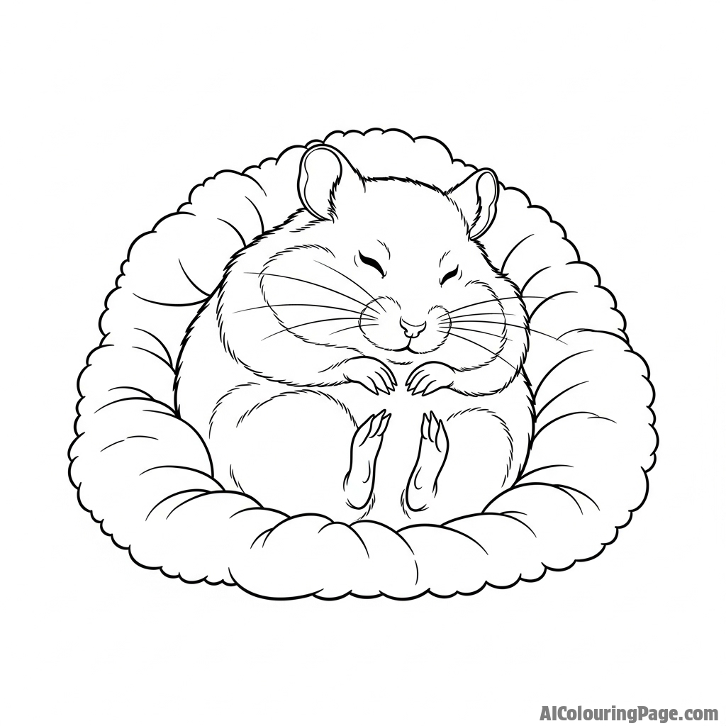 A hamster curled into a perfect ball, fast asleep in a pile of soft bedding