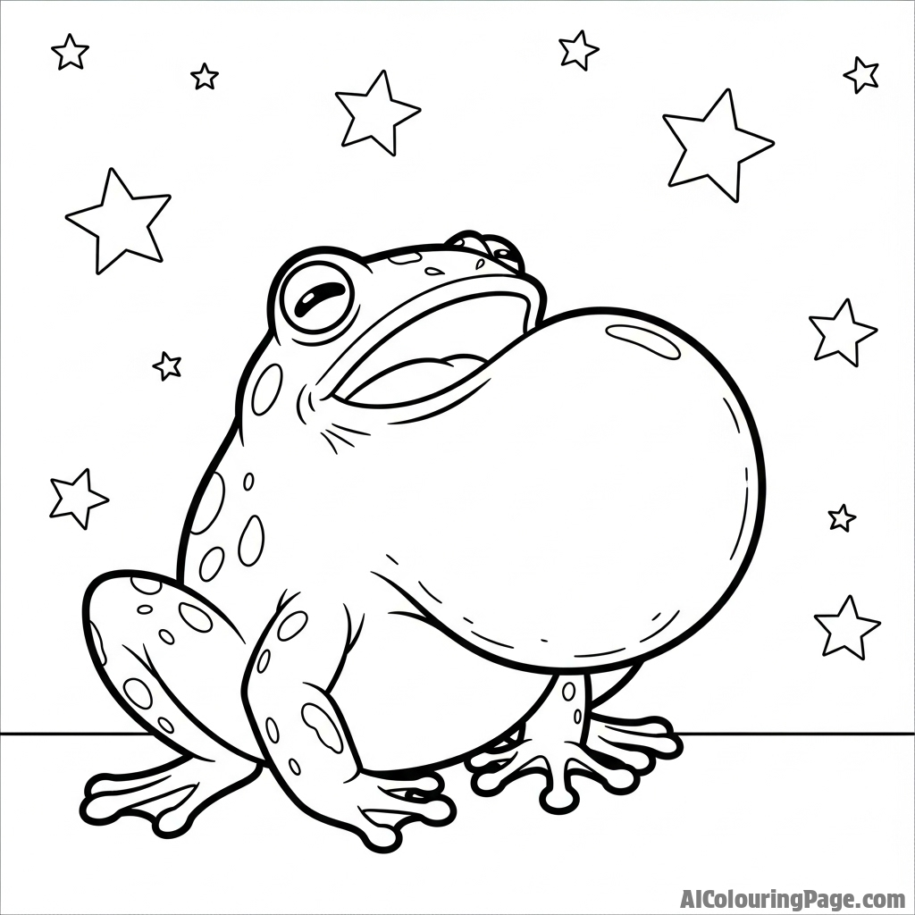 A frog with its throat pouch puffed out, mid-croak, under a starry night sky.