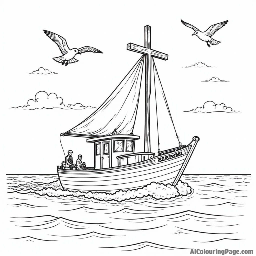 A cross on a boat sailing across a calm sea, with fish jumping and seagulls flying overhead for an adventurous coloring page.