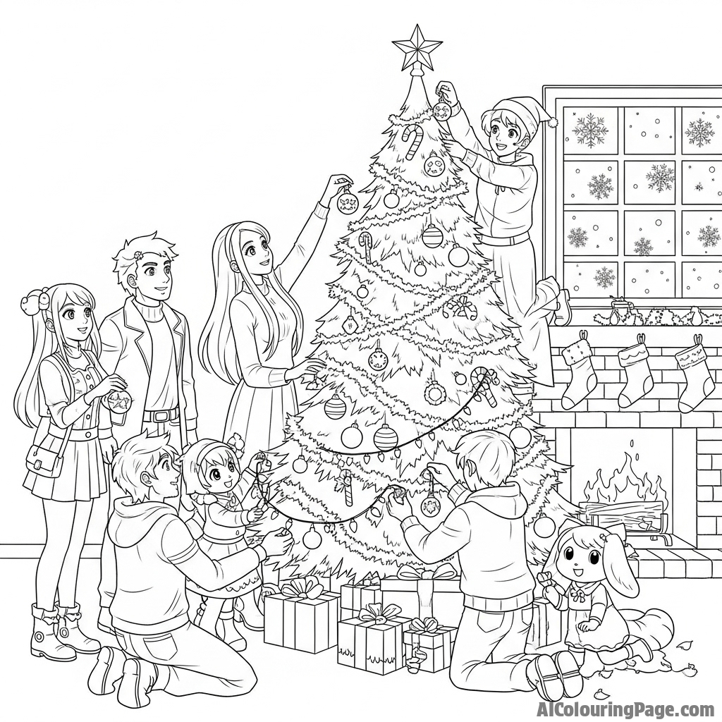 A festive holiday scene with Aphmau decorating a Christmas tree with her friends.