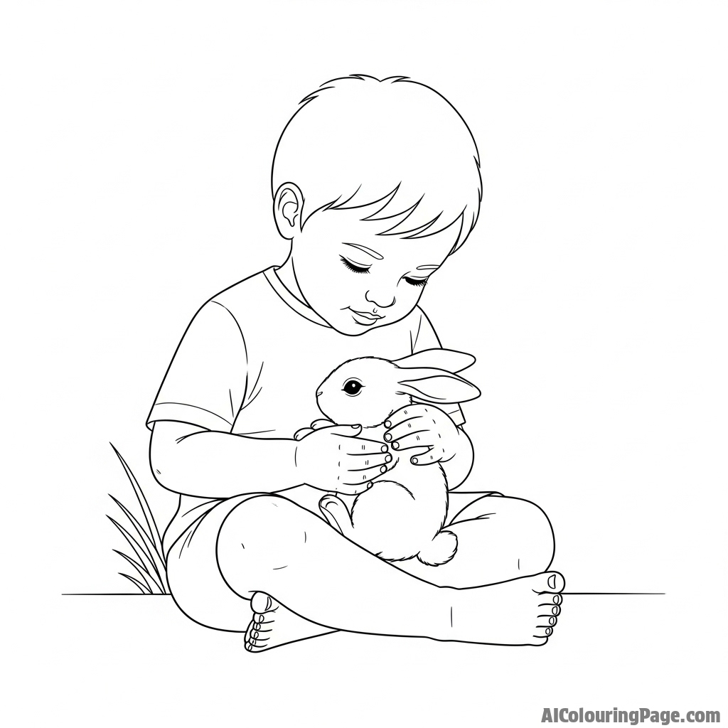 An aged, sepia-toned photograph of a child gently holding a small bunny.
