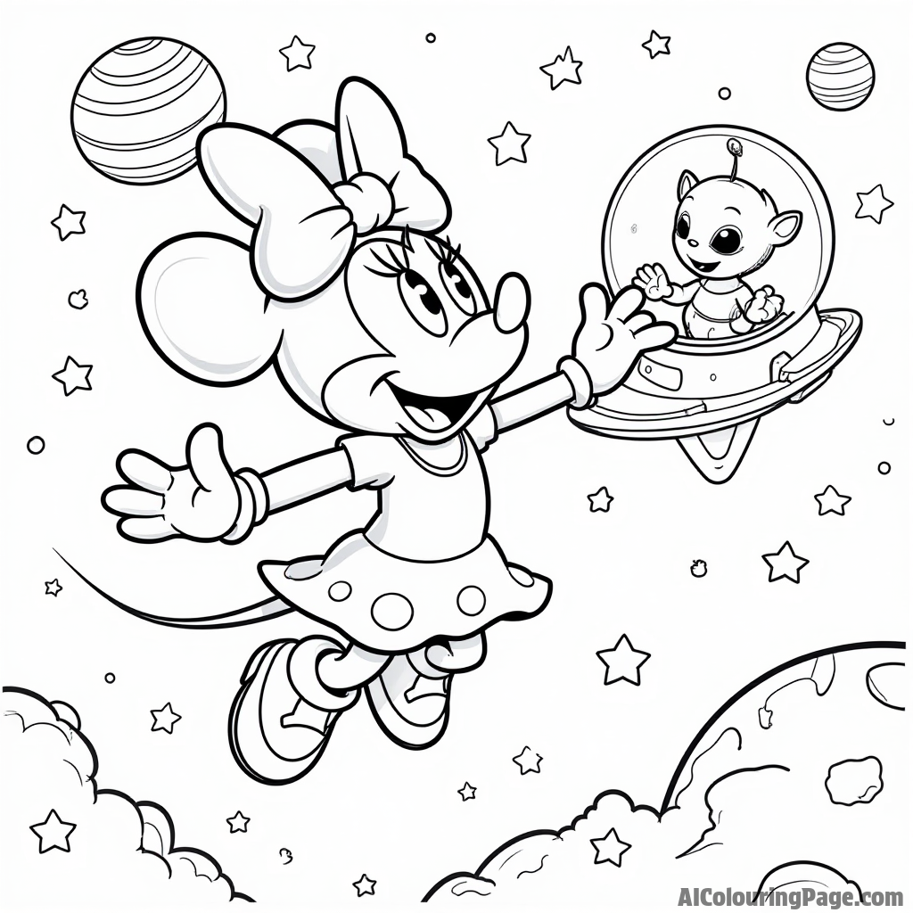 Minnie Mouse exploring outer space, floating with stars, planets, and a friendly alien waving at her from a spaceship