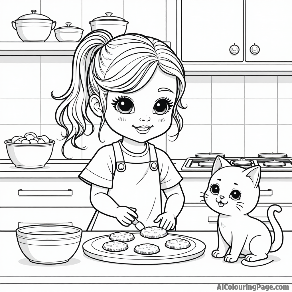 A doll baking cookies in a cozy kitchen, surrounded by bowls, cookie cutters, and a cheerful cat watching nearby.