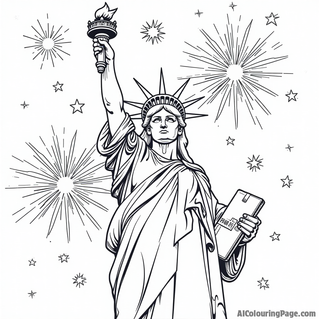 A majestic statue of liberty holding a torch, surrounded by stars and stripes, with fireworks bursting in the background, representing American independence and history.