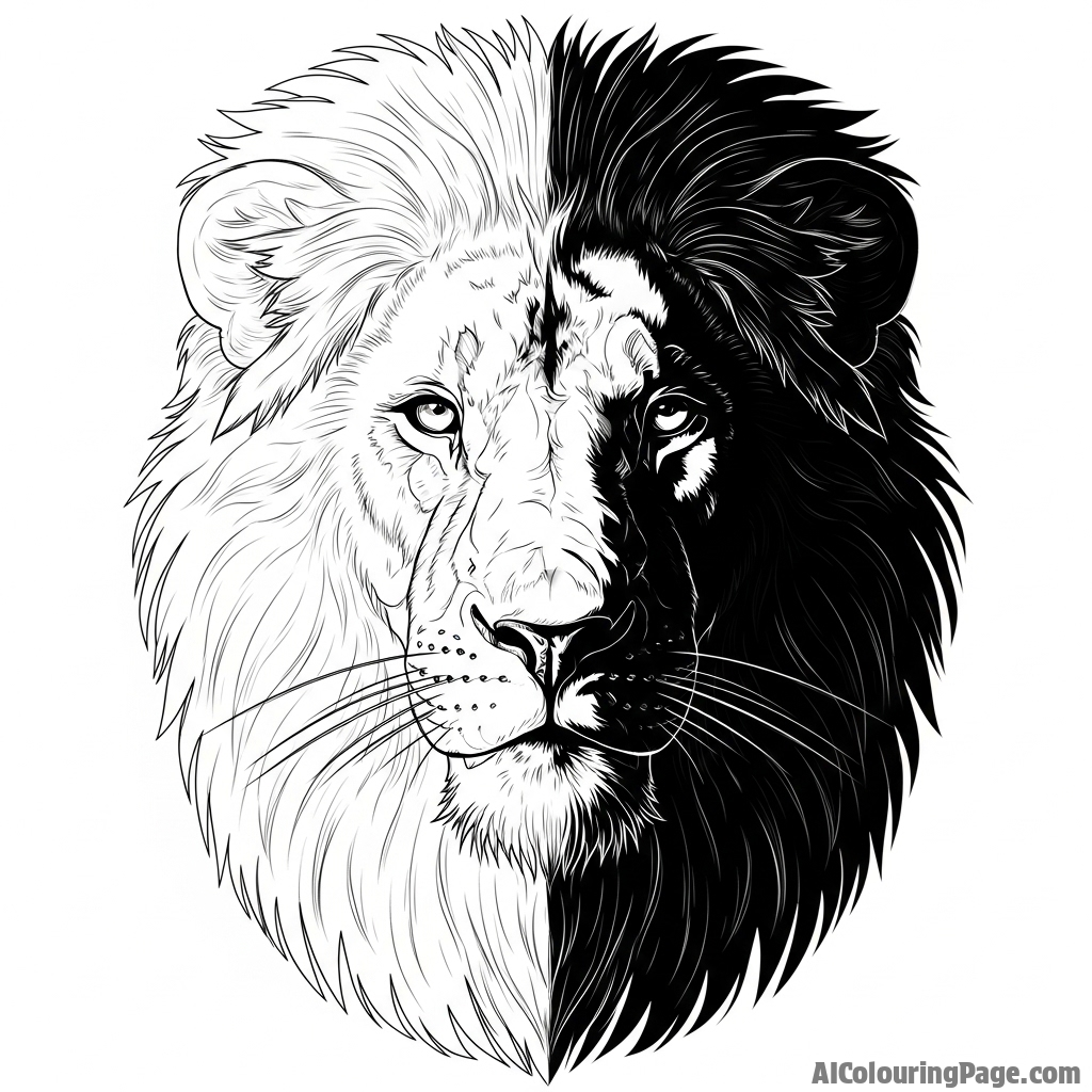 A chiaroscuro painting of a lion's face, half in brilliant light, half in deep darkness.