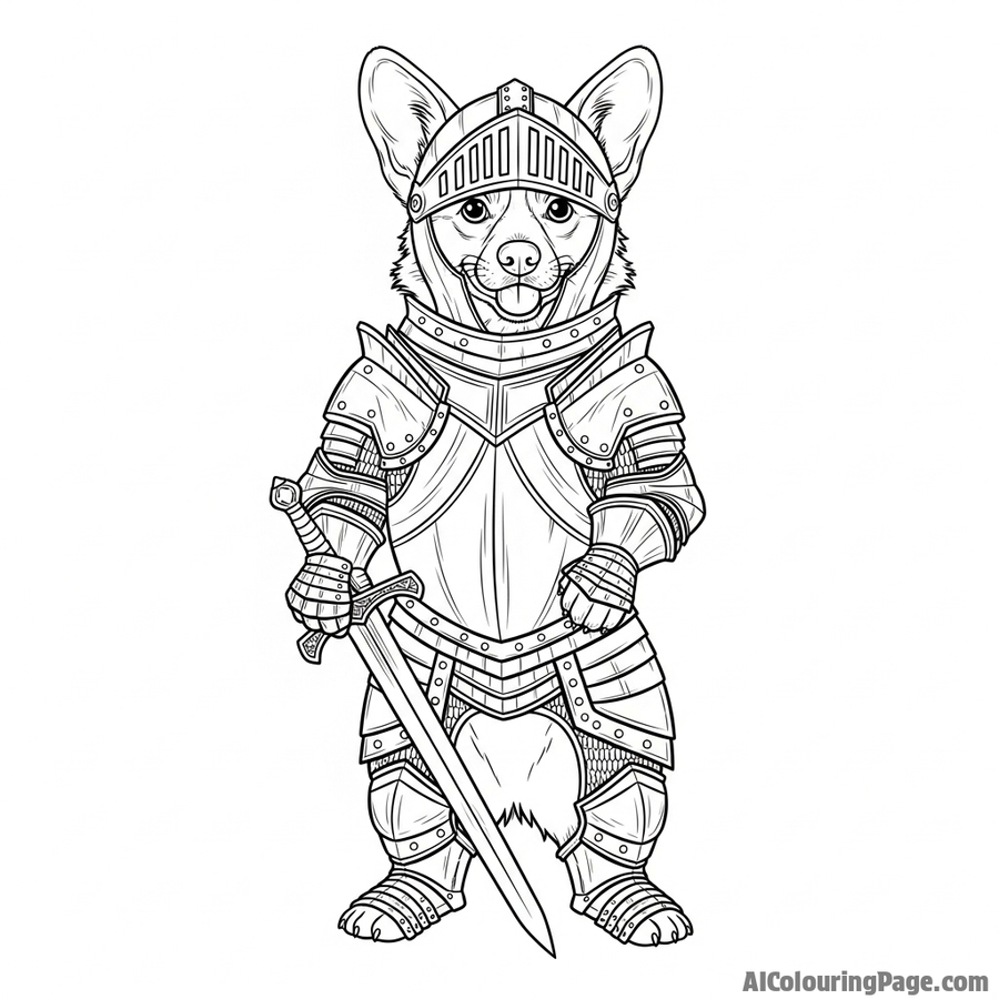 A corgi knight in detailed plate armor wielding a tiny sword.