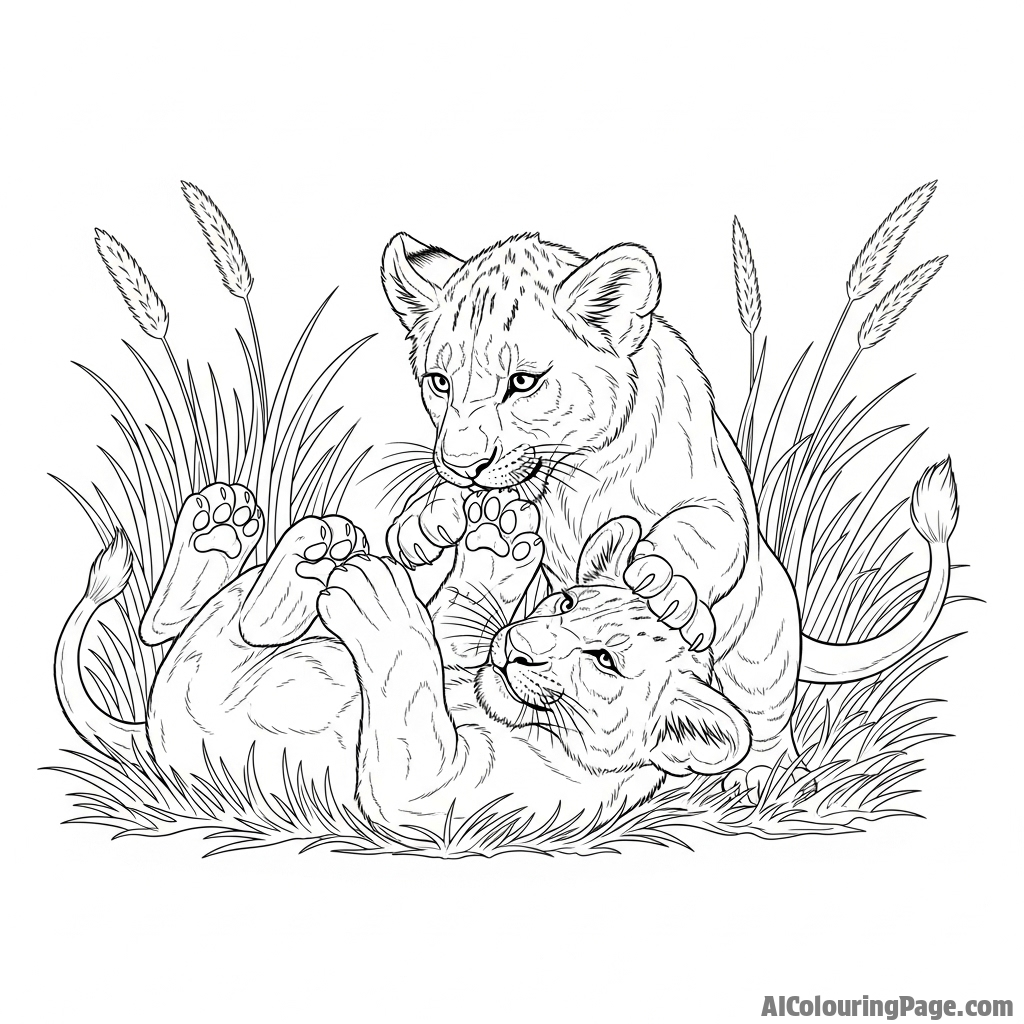 Two young lion cubs playfully wrestling in tall, dry grass.