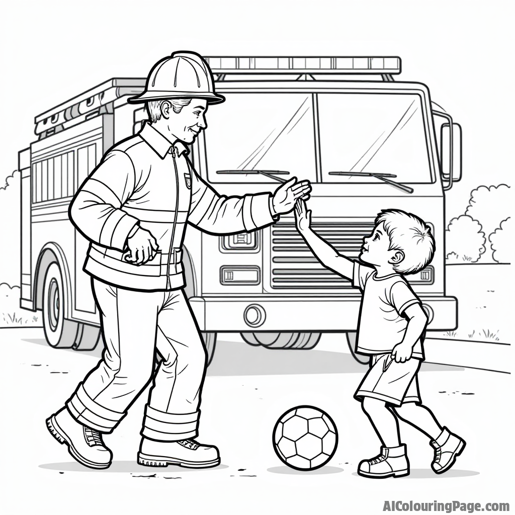 A firefighter high-fiving children after a fire drill, with a fire truck in the background and a soccer ball at their feet, fostering teamwork and fun in coloring.