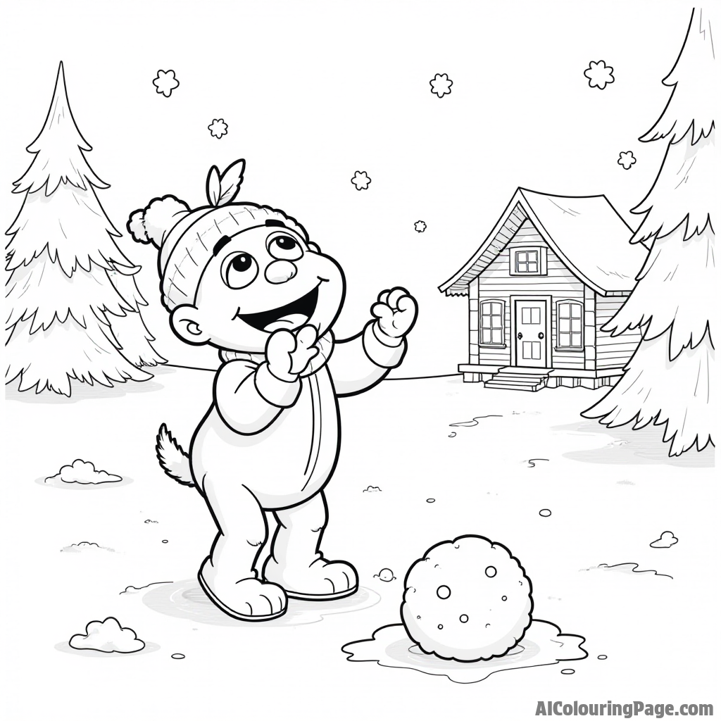 A Muppet baby having a snowball fight with friends, surrounded by snowflakes, trees, and a cozy cabin in the background.