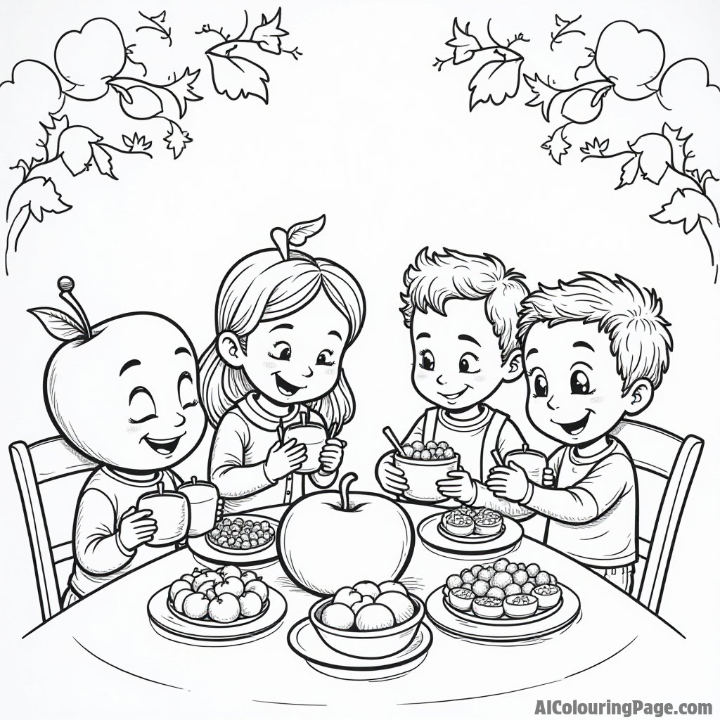 A friendly apple family gathered around a table, sharing stories and delicious apple dishes with a cozy atmosphere.