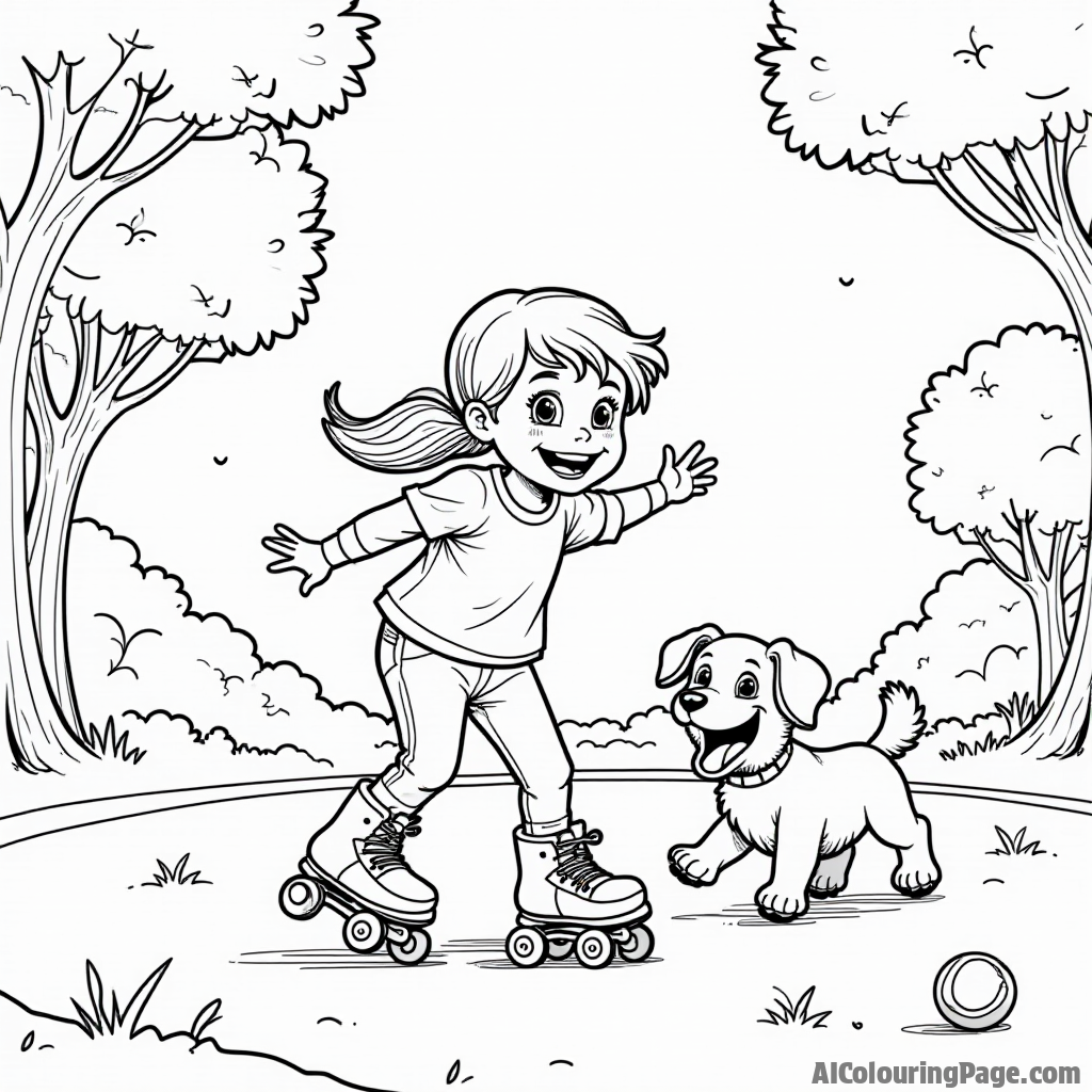 A cheerful child roller-skating in a park, surrounded by colorful trees and a small dog chasing a ball, capturing the joy of outdoor sports activities in a black and white coloring page.