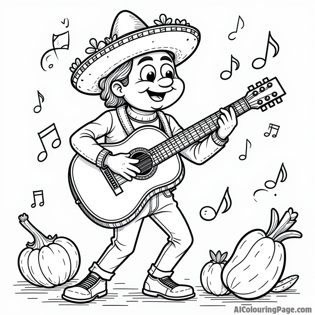 A taco musician playing a guitar, with musical notes and dancing vegetables around, creating a lively music scene.