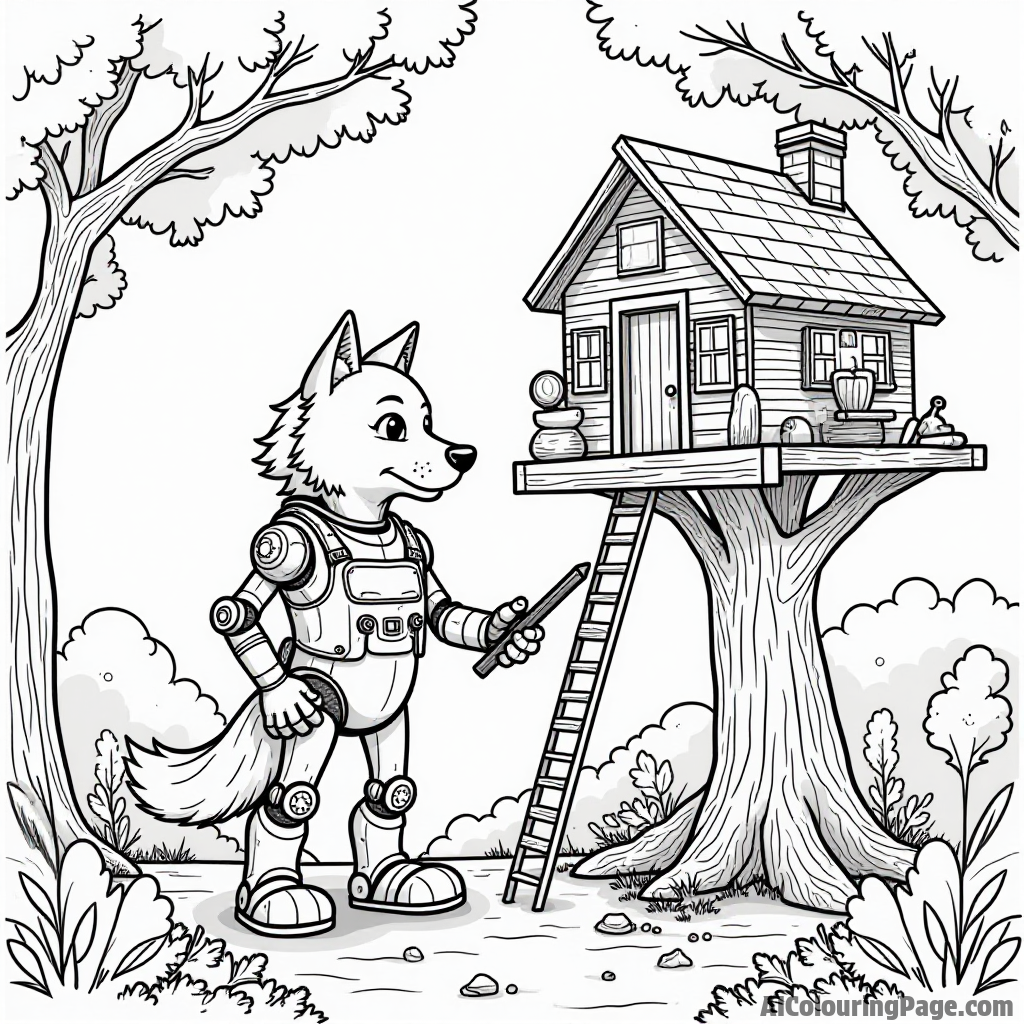 A werewolf and a robot building a treehouse in a magical forest with tools and colorful building materials.