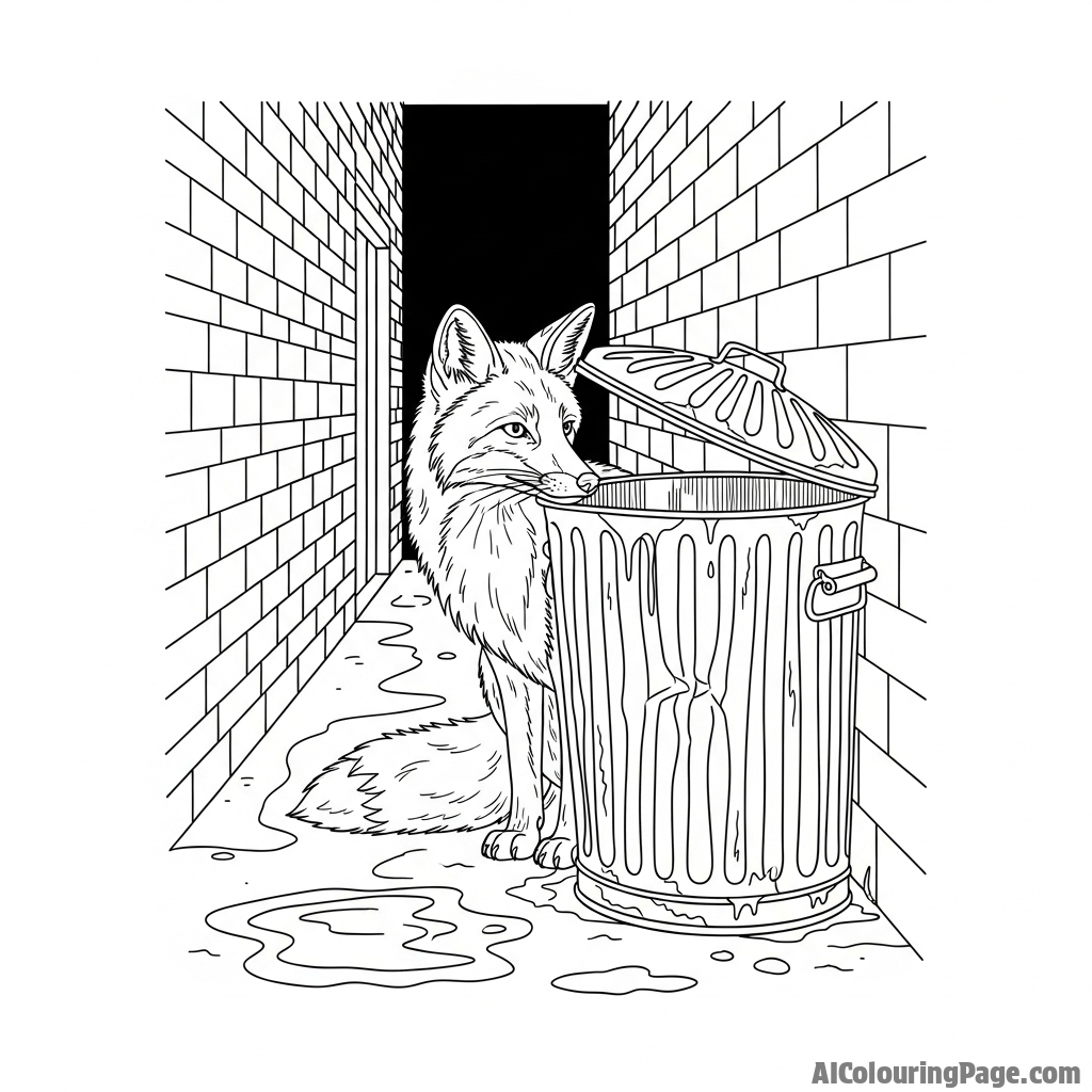 An urban fox cautiously peering from behind a trash can in a wet alleyway.