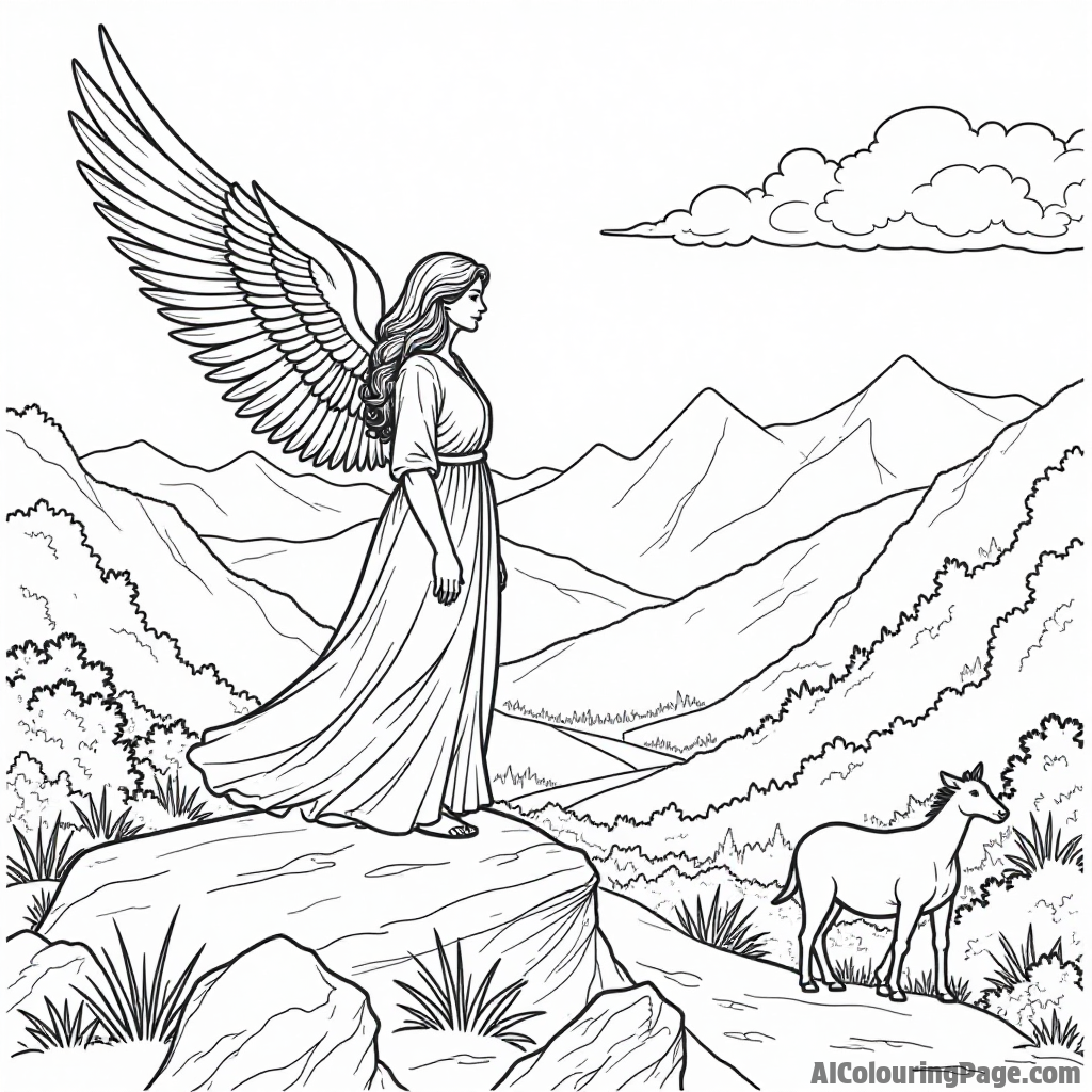 An angel with outstretched wings standing on a mountaintop overlooking a peaceful valley filled with animals.