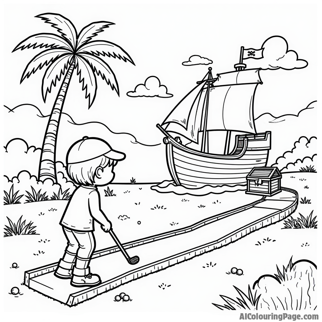 A fun scene of kids playing mini-golf, with a pirate ship as the obstacle, colorful palm trees, and a treasure chest in the background for imaginative coloring.