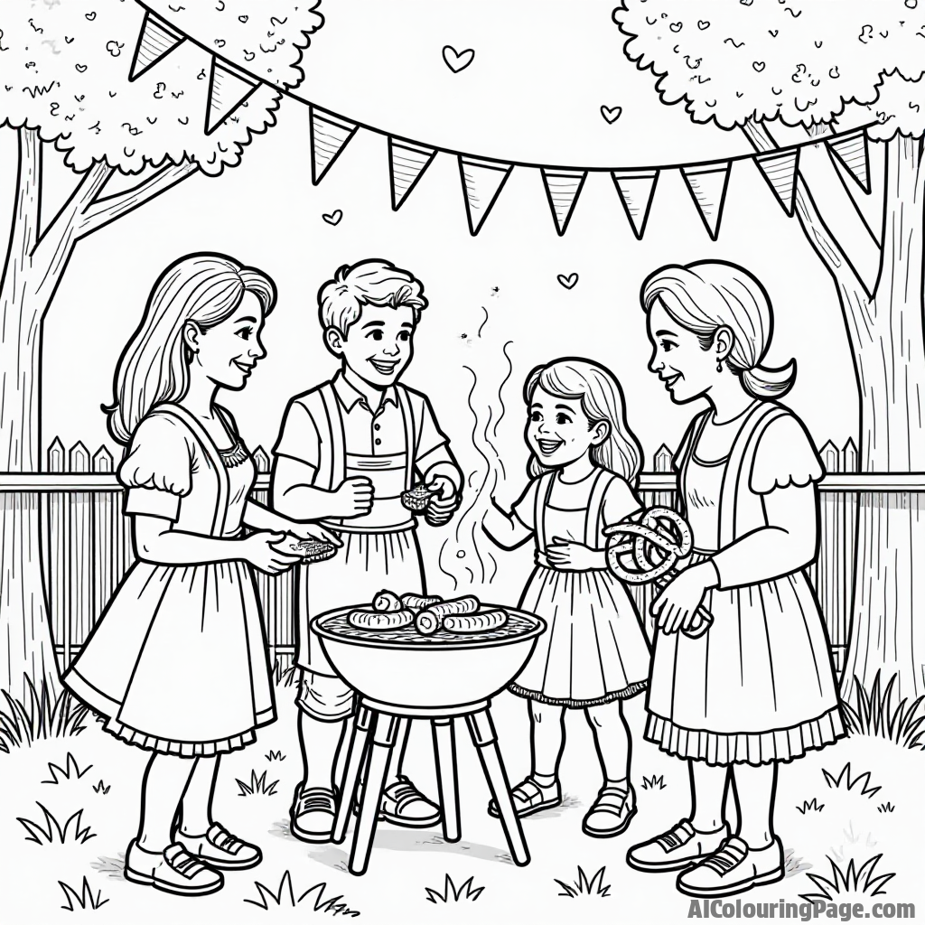 A cozy Oktoberfest backyard scene with a family grilling sausages, enjoying pretzels, and celebrating with games and laughter, surrounded by colorful decorations for kids to color in.