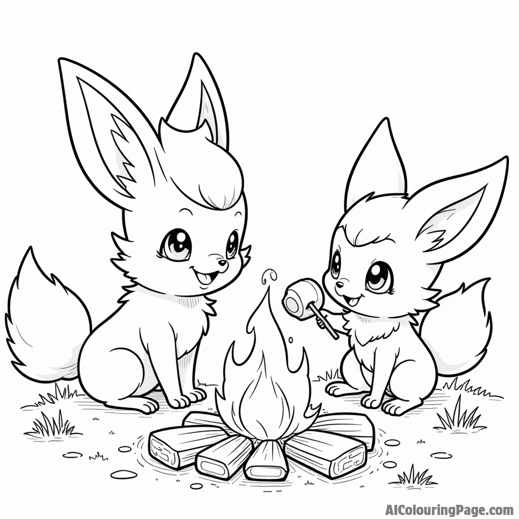 A playful Fennekin roasting marshmallows over a campfire with other Pokémon sitting around enjoying the warmth.