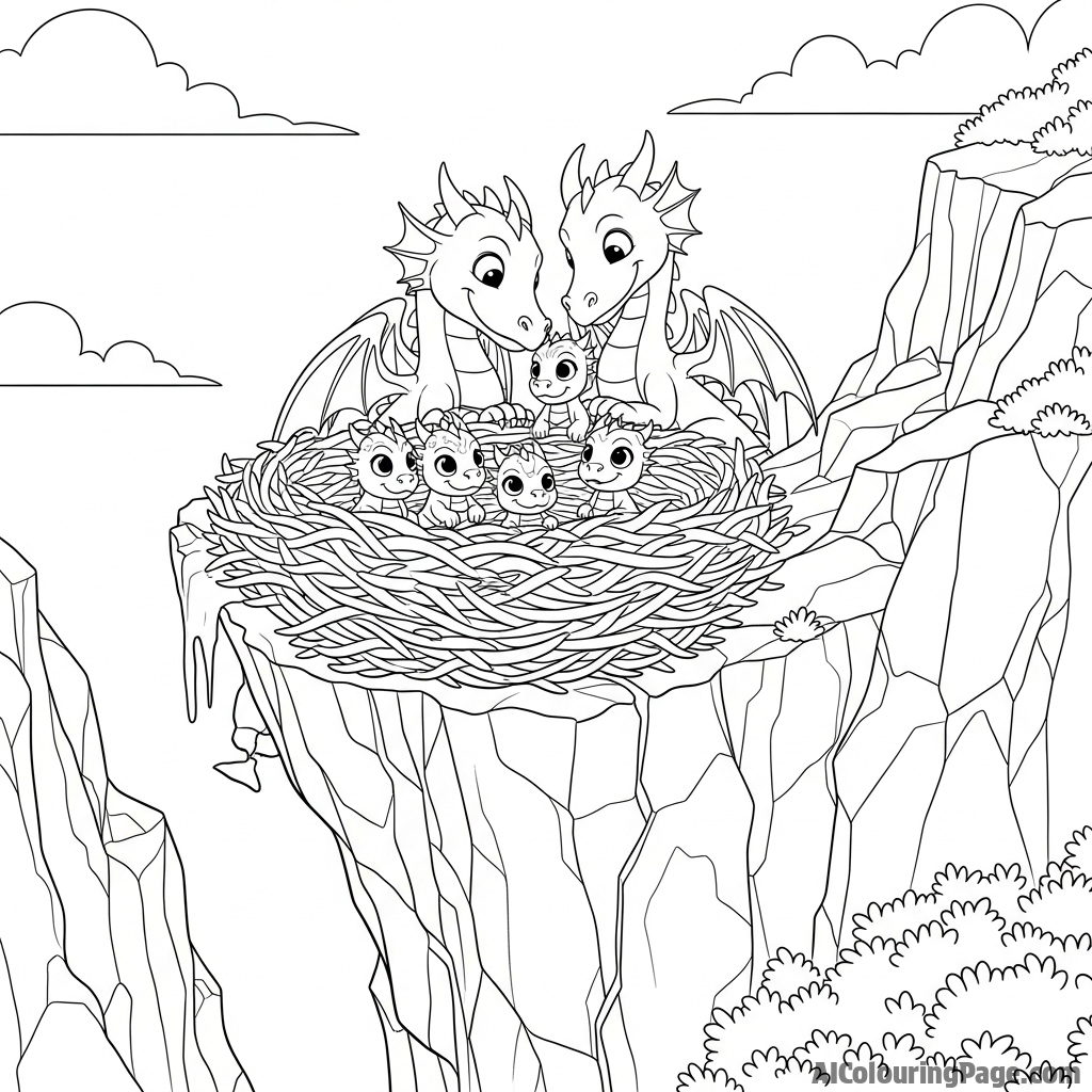 A dragon nest high on a cliffside, with parents tending to their newly-hatched brood.
