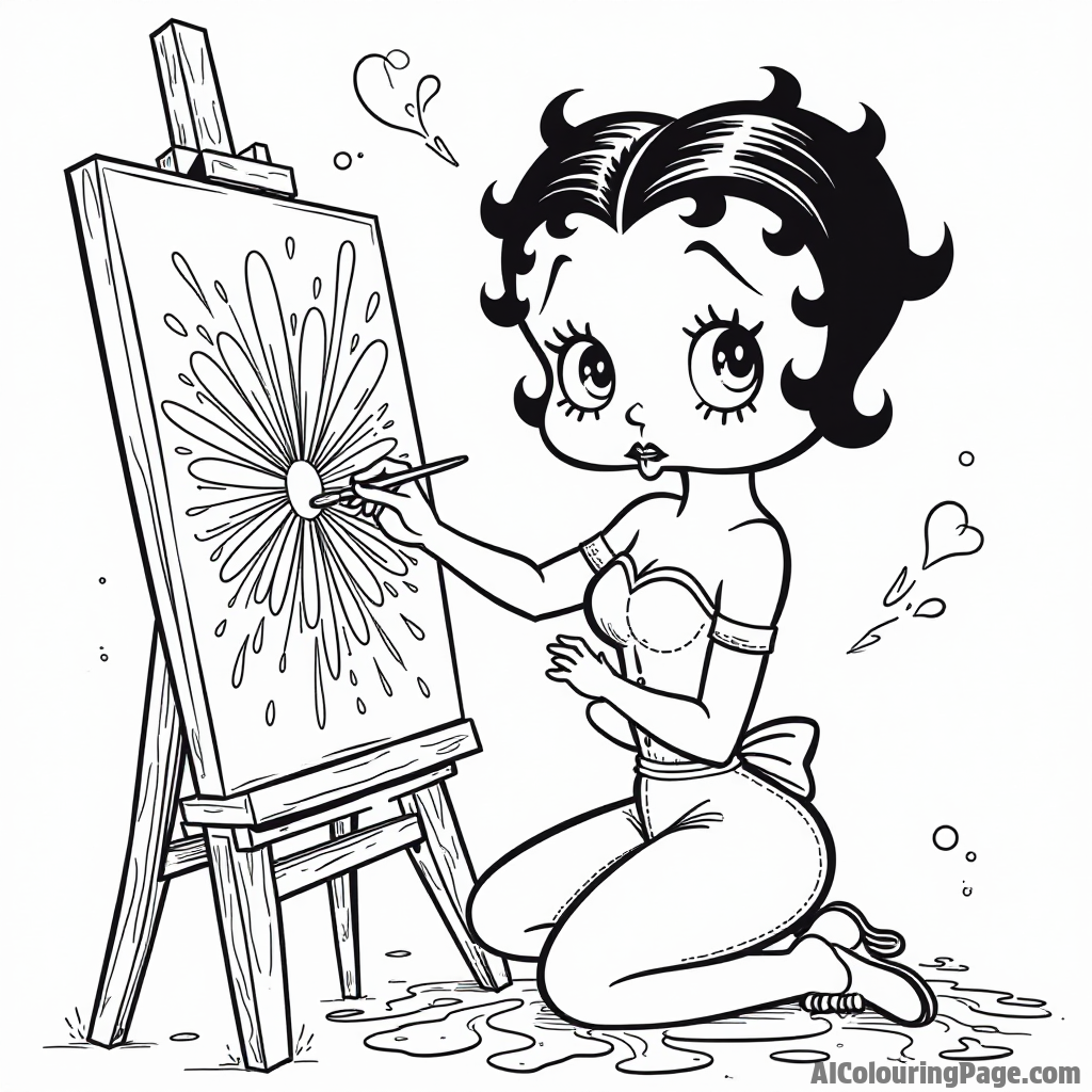 Betty Boop painting a colorful canvas in an art studio with brushes and splashes of paint all around her