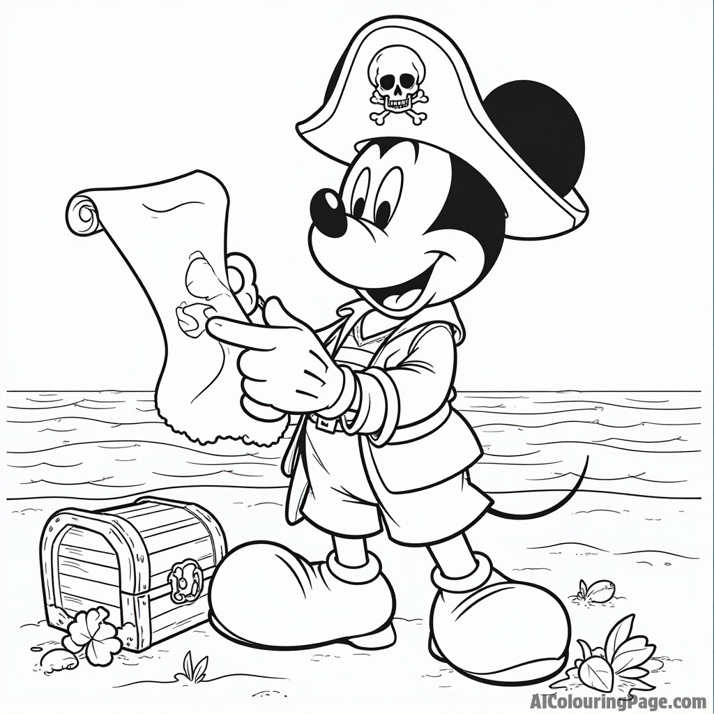 Mickey Mouse dressed as a pirate, holding a treasure map, standing on a sandy beach with a treasure chest.