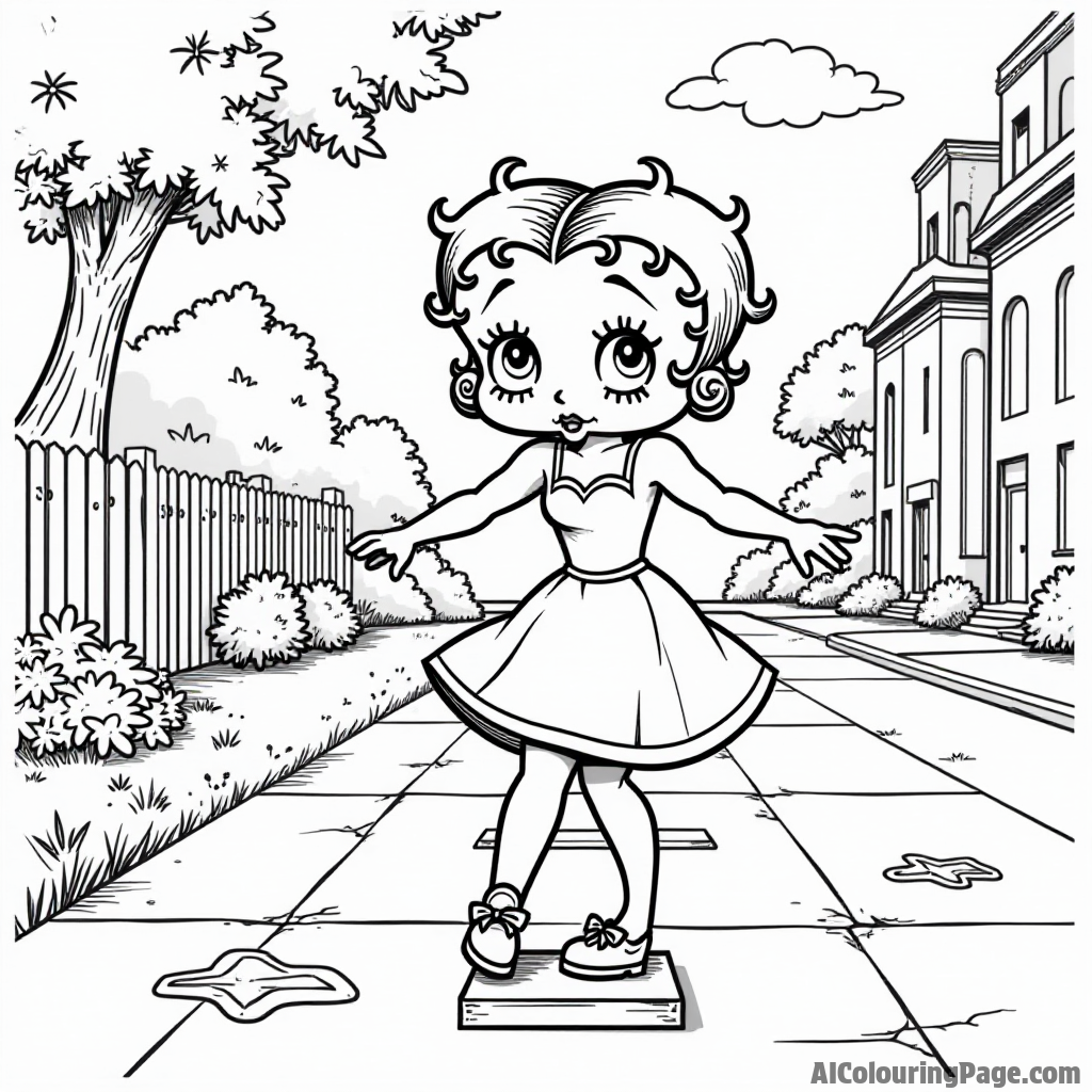 Betty Boop playing hopscotch on a sidewalk with chalk drawings and a sunny day full of fun and laughter