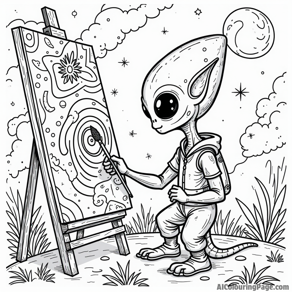 An alien artist painting a mural on a spaceship with colorful designs and patterns, encouraging creativity in children.