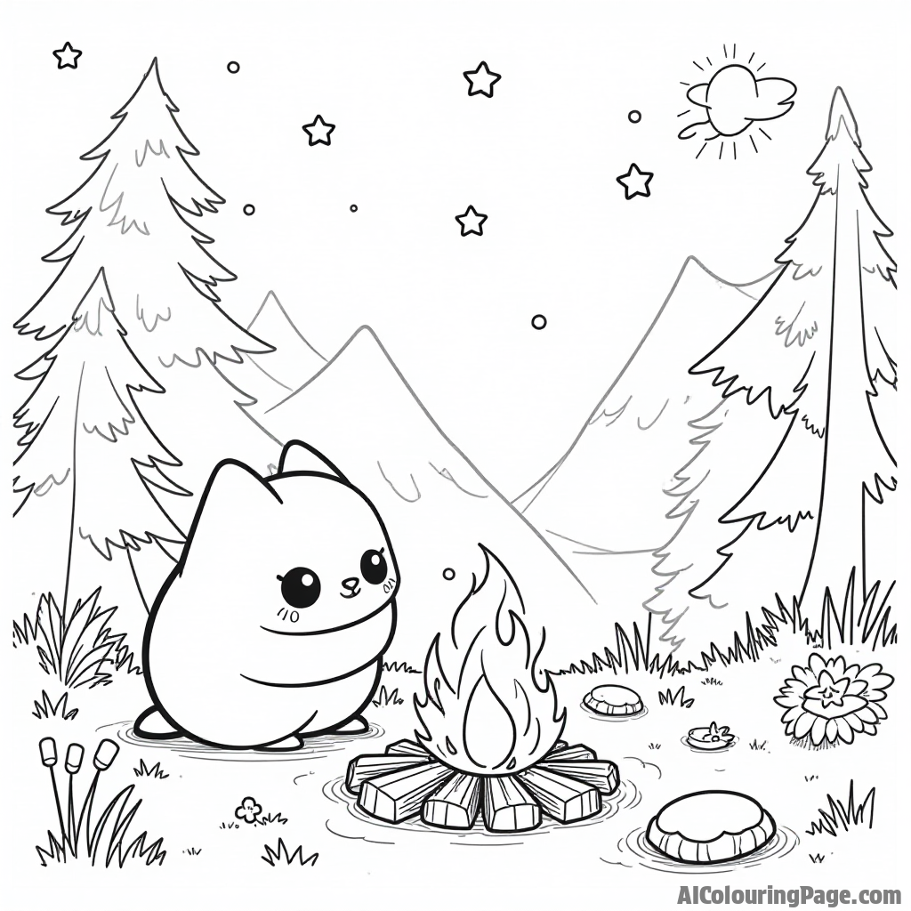 A Hatchimal camping under the stars with a campfire and marshmallows, inviting kids to bring this cozy outdoor scene to life with their favorite colors in this Toys and Games Coloring Pages theme.