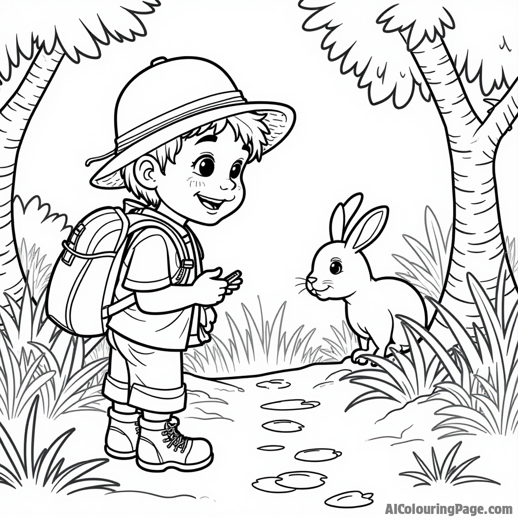 A young explorer studying animal tracks in the jungle, with a curious rabbit peeking out from behind a bush, creating a fun and engaging coloring page for adventurous children.