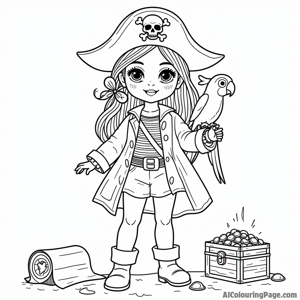 A doll dressed as a pirate on a treasure hunt, with a map, a chest of gold, and a parrot on her shoulder.