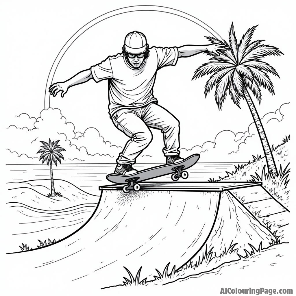 A skateboarder doing a trick over a ramp, with a sunset sky and silhouettes of palm trees, designed to capture the essence of skateboarding culture for a coloring page.