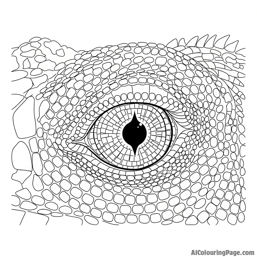 An iguana's eye, depicted in a mosaic of tiny, shimmering tiles.
