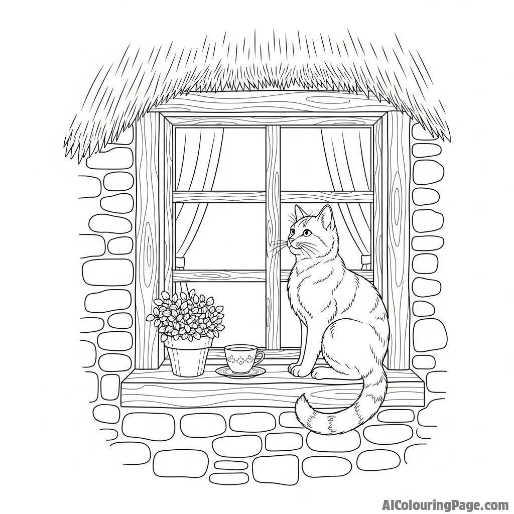 A cat sitting on a windowsill of a cozy, rustic cottage.