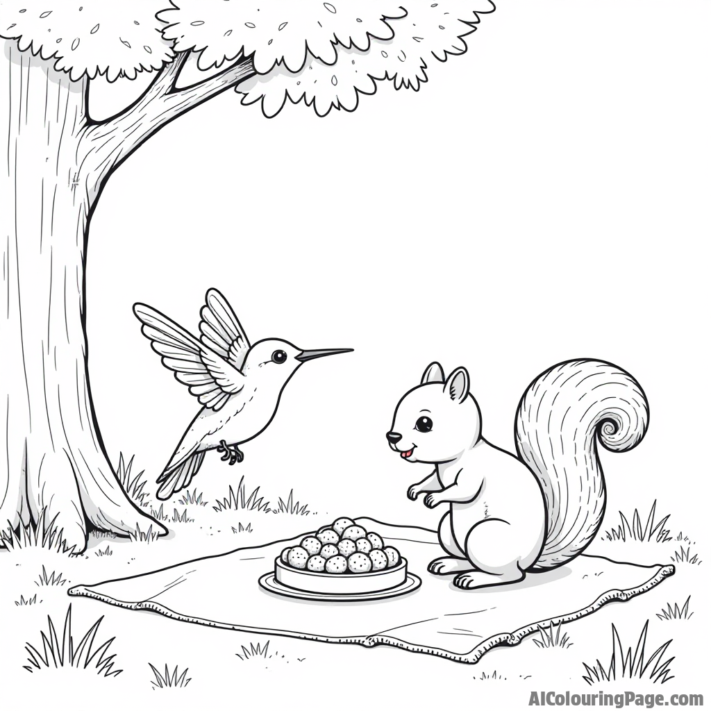 A hummingbird and a squirrel sharing a snack on a picnic blanket under a shady tree.