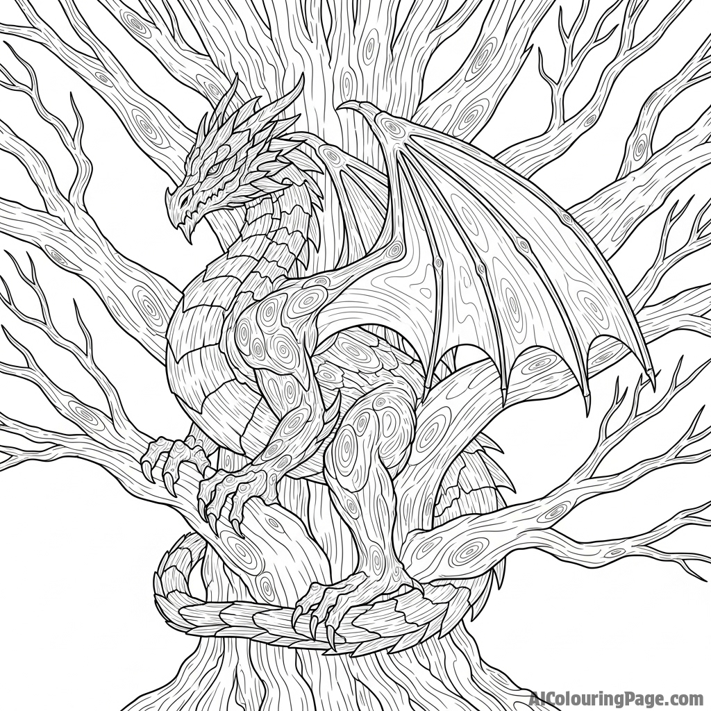 A dragon carved from living wood, its scales like bark, perched in a giant, ancient tree.