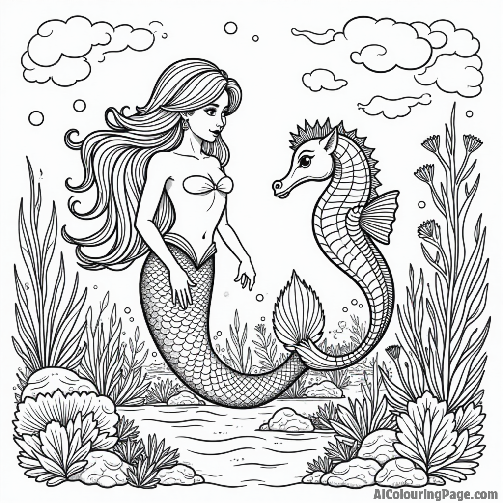 A mermaid with a pet sea horse exploring an ancient underwater ruin, surrounded by colorful corals and playful fish.