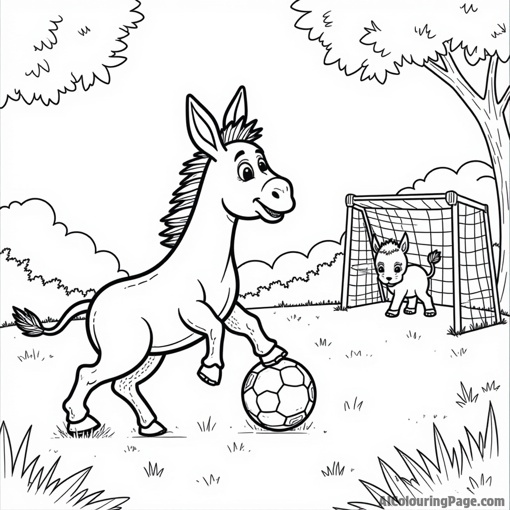 A donkey playing soccer with other jungle animals, kicking a banana-shaped ball towards the goal in a grassy field