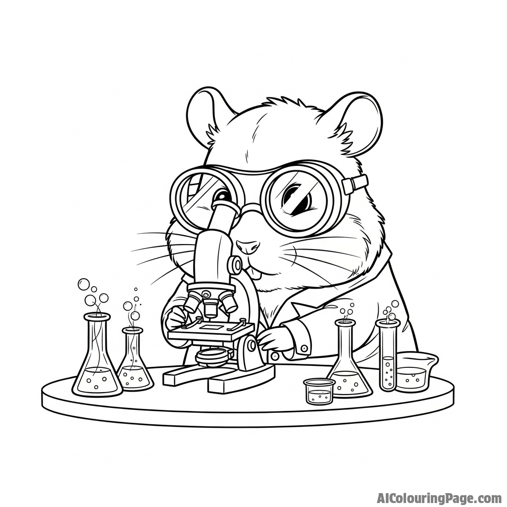 A hamster as a tiny scientist, looking into a miniature microscope