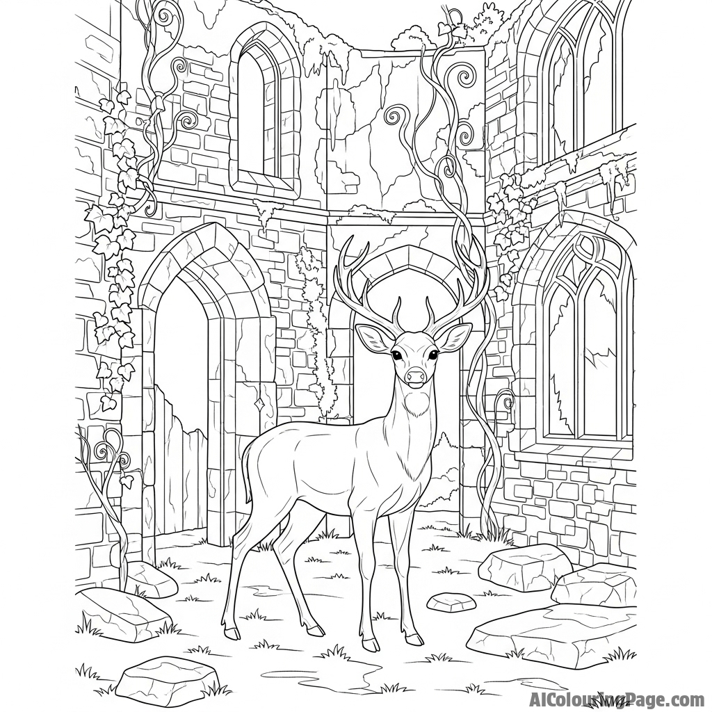 A single deer standing in the weathered ruins of an old stone building.