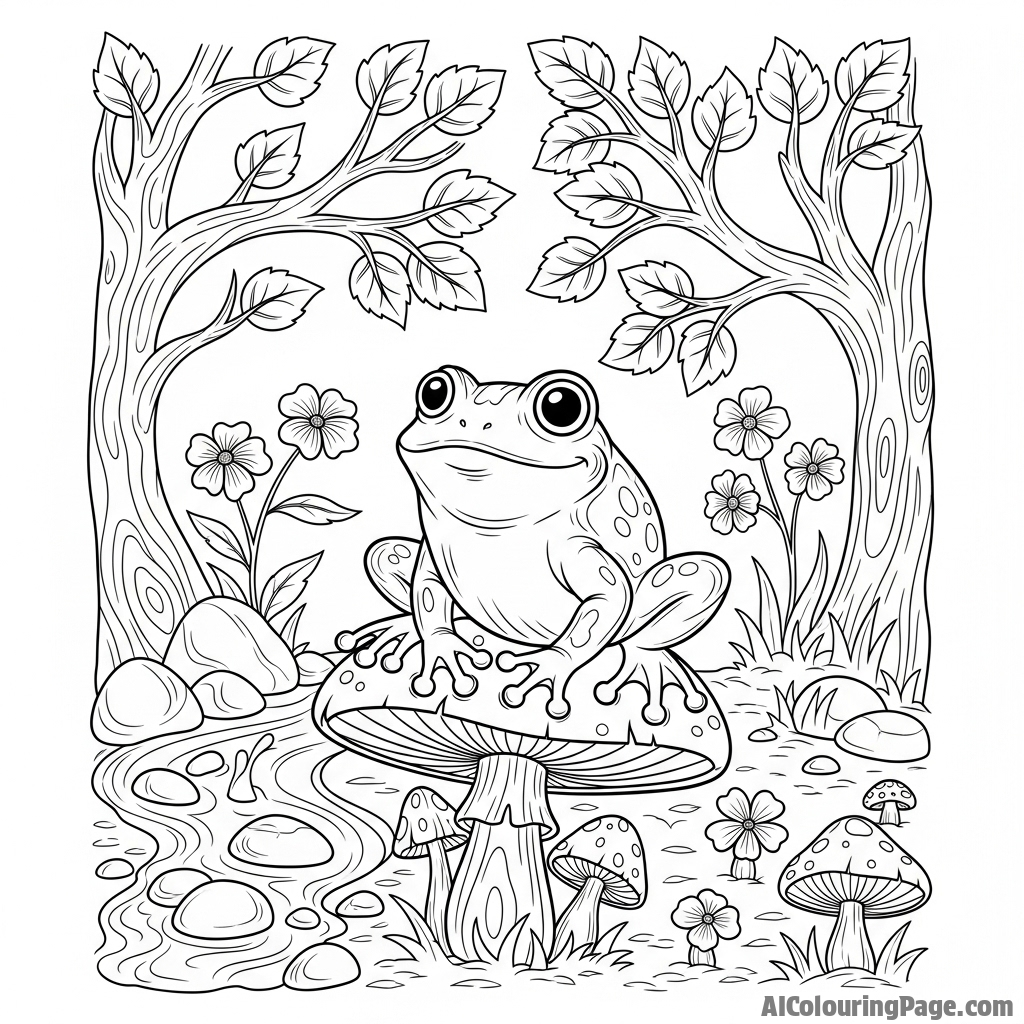 A woodcut-style illustration of a frog in a fairytale forest.