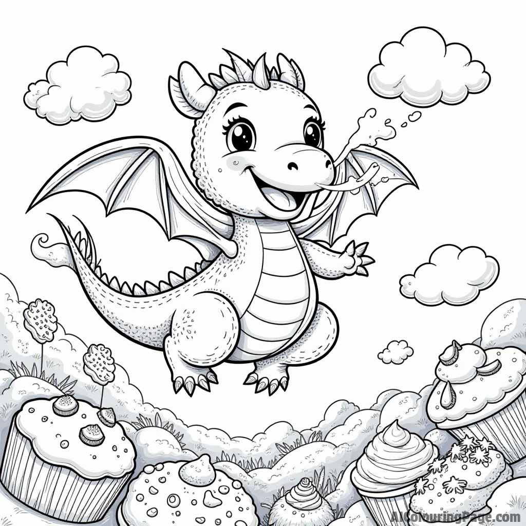 A playful bread dragon breathing flour clouds, soaring over a land of giant baked goods and sugary treats.