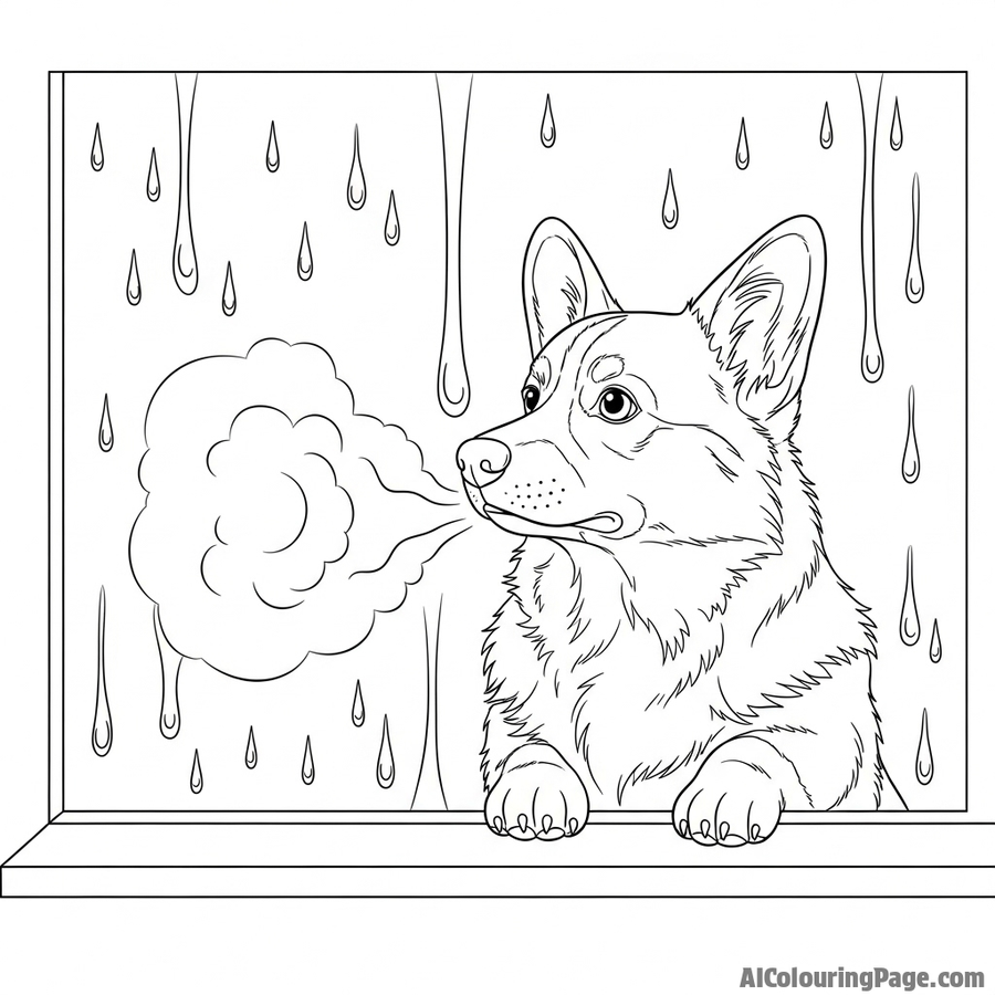 A corgi looking out a window covered in raindrops, its breath fogging the glass.