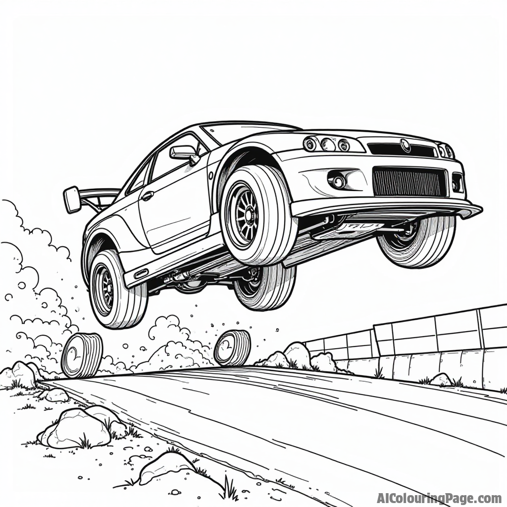 A detailed scene of a race car making a spectacular jump over a ramp, capturing the thrill of racing in a dynamic and engaging coloring page for children.